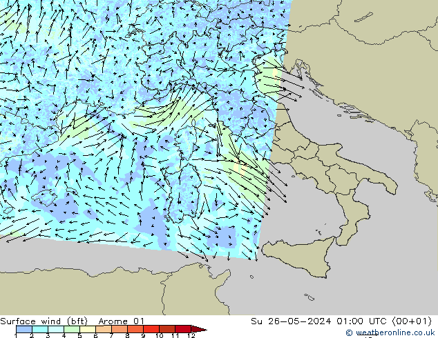 Surface wind (bft) Arome 01 Ne 26.05.2024 01 UTC