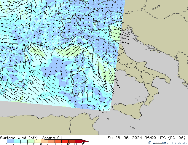 Vento 10 m (bft) Arome 01 Dom 26.05.2024 06 UTC