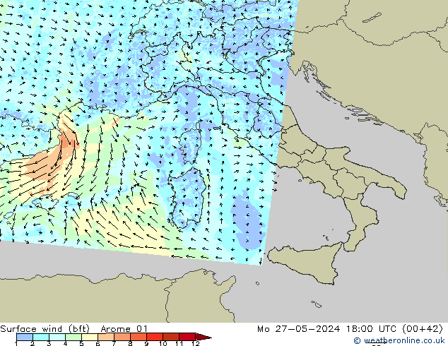 Viento 10 m (bft) Arome 01 lun 27.05.2024 18 UTC