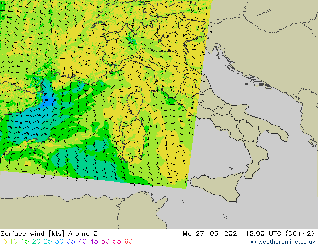 Viento 10 m Arome 01 lun 27.05.2024 18 UTC