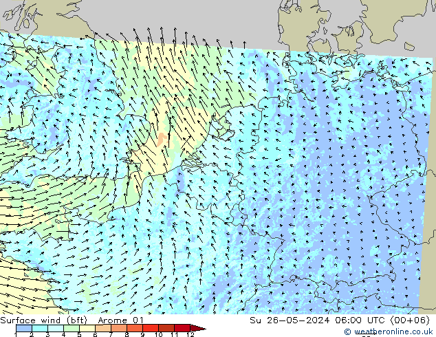 Wind 10 m (bft) Arome 01 zo 26.05.2024 06 UTC