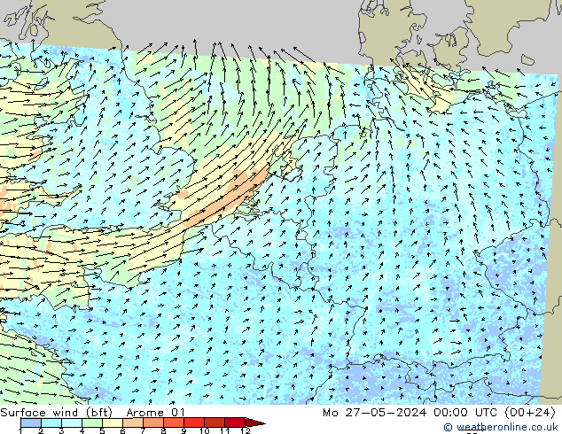 Surface wind (bft) Arome 01 Po 27.05.2024 00 UTC