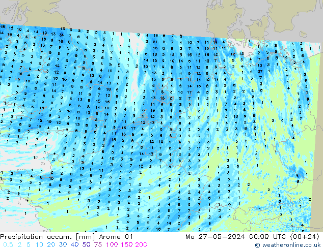 Precipitation accum. Arome 01 lun 27.05.2024 00 UTC