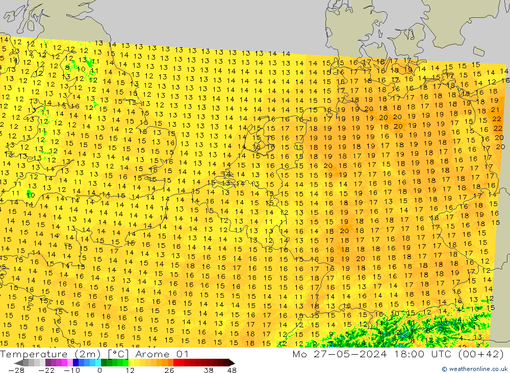 карта температуры Arome 01 пн 27.05.2024 18 UTC