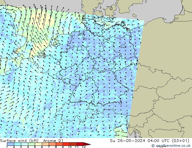 Surface wind (bft) Arome 01 Ne 26.05.2024 04 UTC