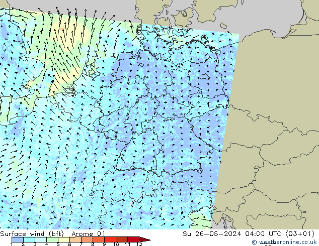 Bodenwind (bft) Arome 01 So 26.05.2024 04 UTC