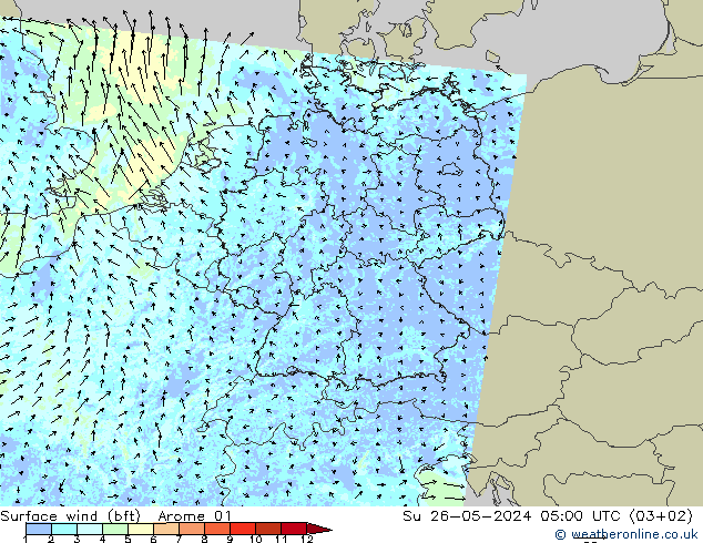 Surface wind (bft) Arome 01 Su 26.05.2024 05 UTC