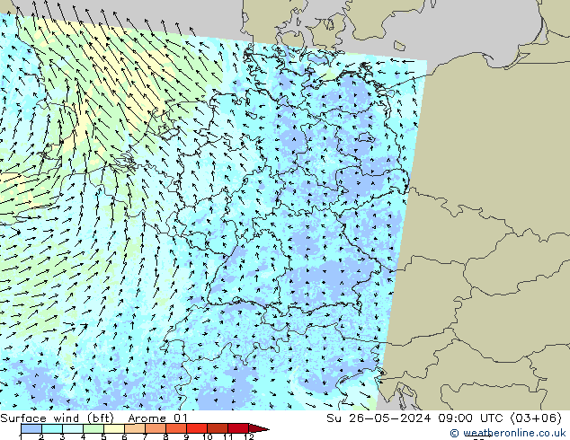 Rüzgar 10 m (bft) Arome 01 Paz 26.05.2024 09 UTC