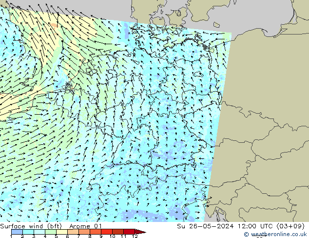 Vento 10 m (bft) Arome 01 dom 26.05.2024 12 UTC