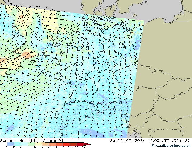 Vent 10 m (bft) Arome 01 dim 26.05.2024 15 UTC