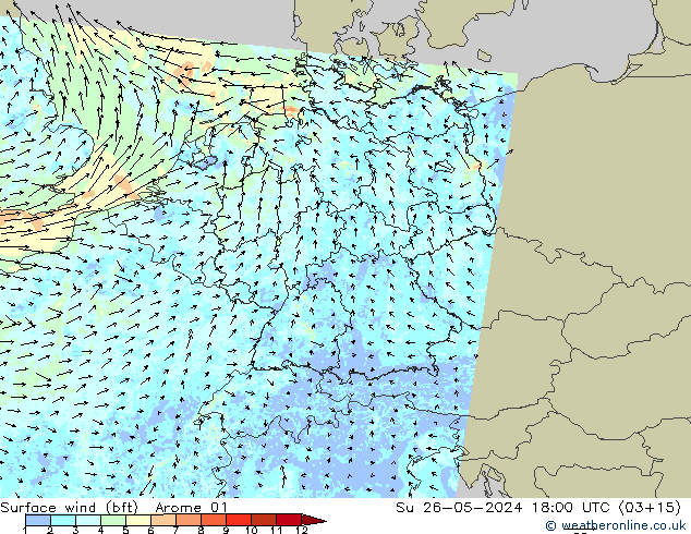 Surface wind (bft) Arome 01 Su 26.05.2024 18 UTC