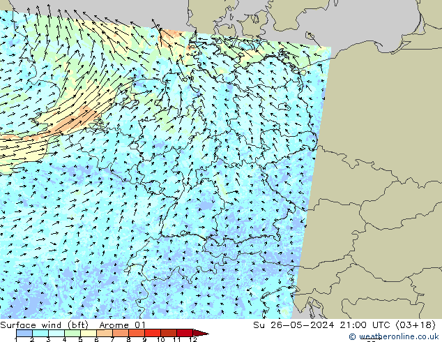 Bodenwind (bft) Arome 01 So 26.05.2024 21 UTC