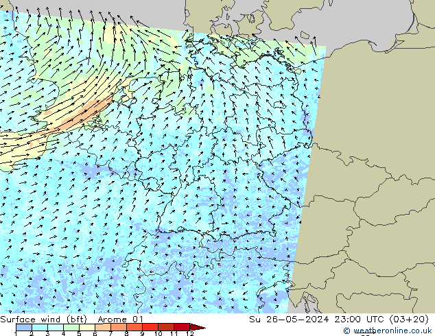 Bodenwind (bft) Arome 01 So 26.05.2024 23 UTC