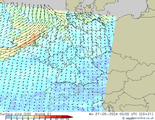 Bodenwind (bft) Arome 01 Mo 27.05.2024 00 UTC