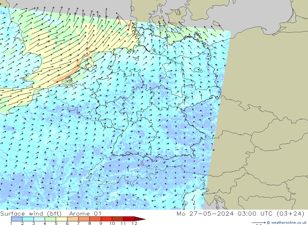 wiatr 10 m (bft) Arome 01 pon. 27.05.2024 03 UTC