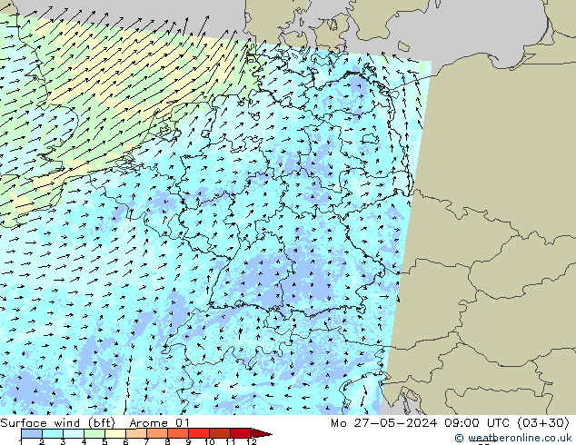 Vent 10 m (bft) Arome 01 lun 27.05.2024 09 UTC