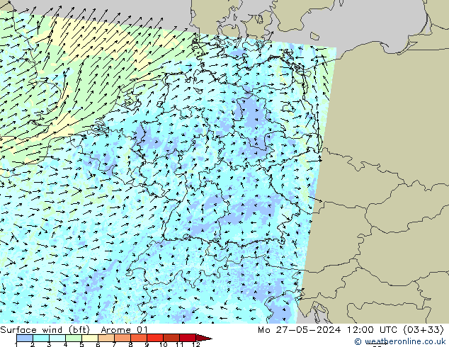 Wind 10 m (bft) Arome 01 ma 27.05.2024 12 UTC