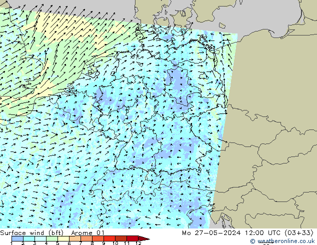 Vent 10 m (bft) Arome 01 lun 27.05.2024 12 UTC