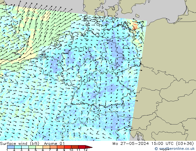 Wind 10 m (bft) Arome 01 ma 27.05.2024 15 UTC