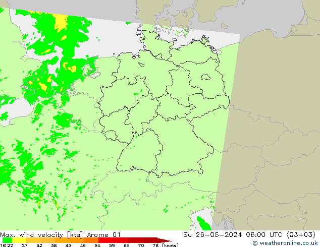 Max. wind velocity Arome 01 Su 26.05.2024 06 UTC