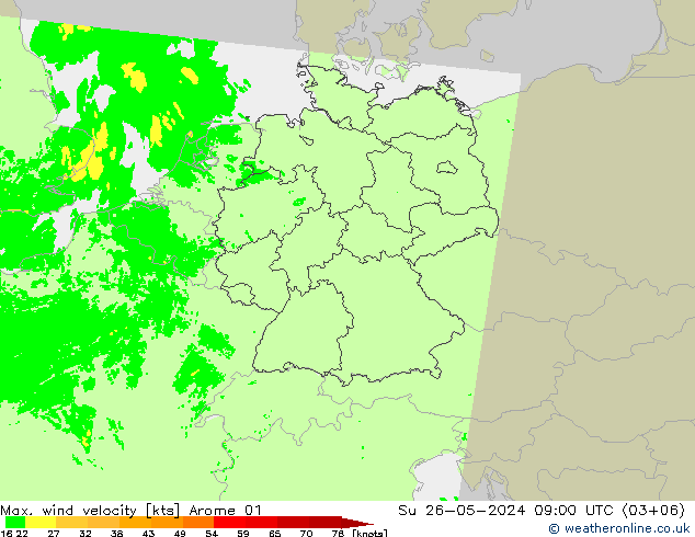 Max. wind snelheid Arome 01 zo 26.05.2024 09 UTC