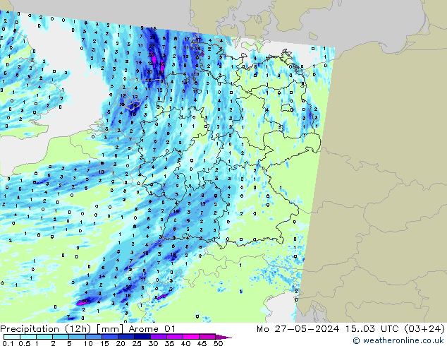 Totale neerslag (12h) Arome 01 ma 27.05.2024 03 UTC