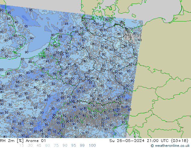 RH 2m Arome 01 Su 26.05.2024 21 UTC