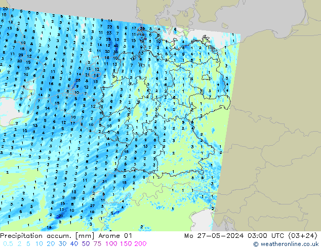 Precipitation accum. Arome 01 Seg 27.05.2024 03 UTC