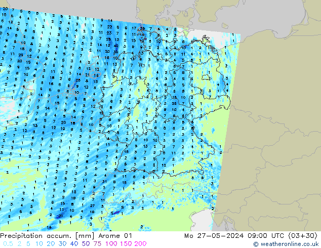 Totale neerslag Arome 01 ma 27.05.2024 09 UTC