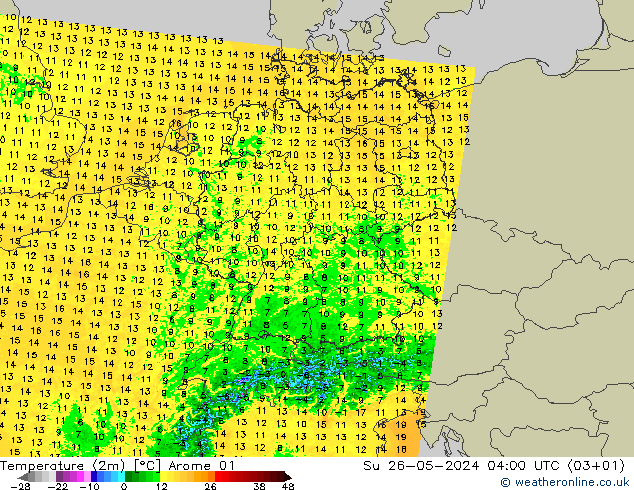 Temperatuurkaart (2m) Arome 01 zo 26.05.2024 04 UTC