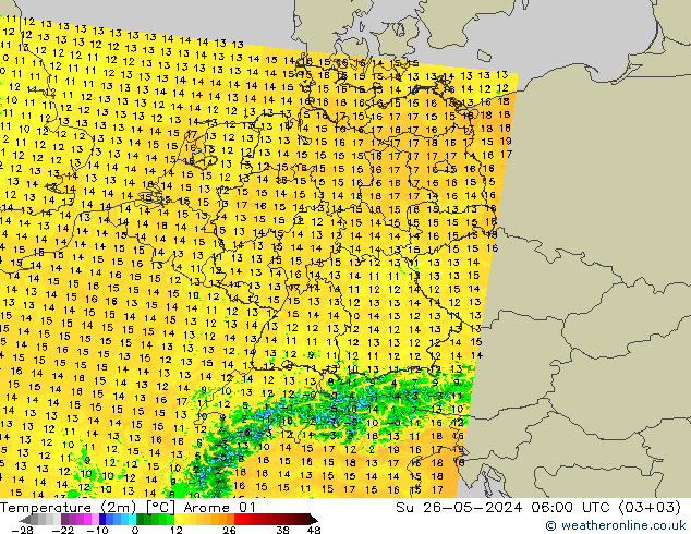 Temperatura (2m) Arome 01 Dom 26.05.2024 06 UTC