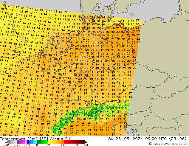 Sıcaklık Haritası (2m) Arome 01 Paz 26.05.2024 09 UTC