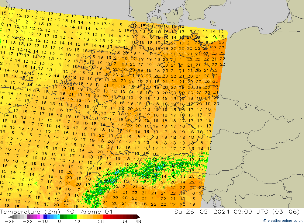 Temperatuurkaart (2m) Arome 01 zo 26.05.2024 09 UTC