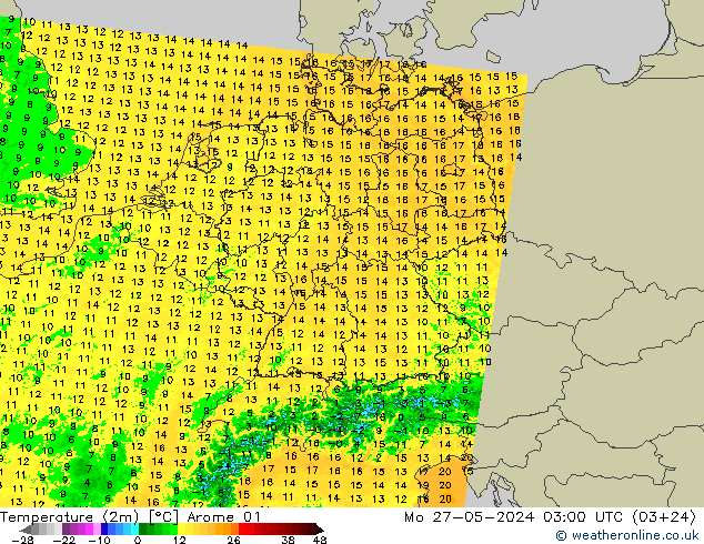 Temperaturkarte (2m) Arome 01 Mo 27.05.2024 03 UTC