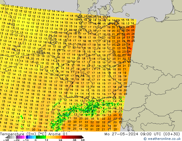 Temperature (2m) Arome 01 Mo 27.05.2024 09 UTC