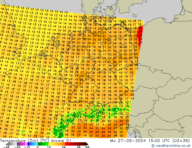 Temperature (2m) Arome 01 Po 27.05.2024 15 UTC