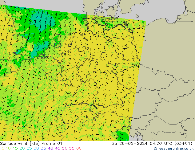 Wind 10 m Arome 01 zo 26.05.2024 04 UTC
