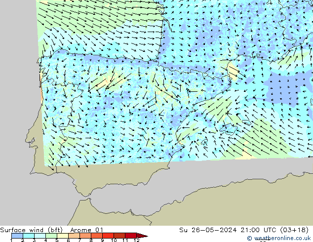 Surface wind (bft) Arome 01 Ne 26.05.2024 21 UTC