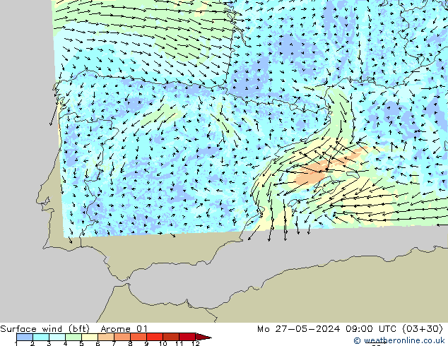 Surface wind (bft) Arome 01 Po 27.05.2024 09 UTC