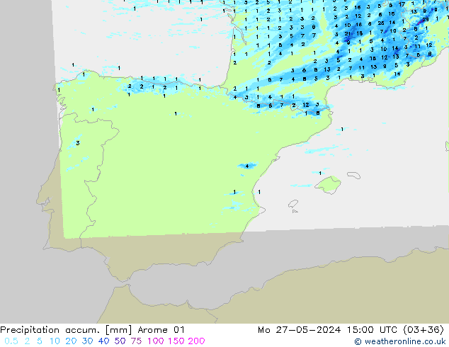 Precipitation accum. Arome 01 Po 27.05.2024 15 UTC