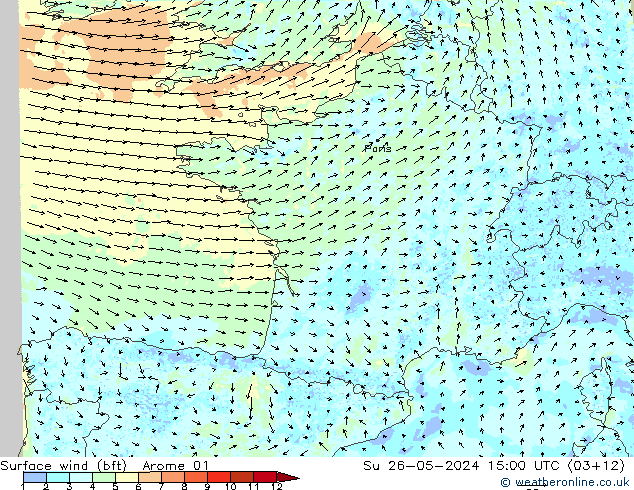 Bodenwind (bft) Arome 01 So 26.05.2024 15 UTC