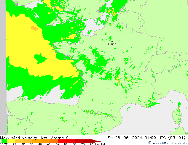 Max. wind velocity Arome 01 Dom 26.05.2024 04 UTC