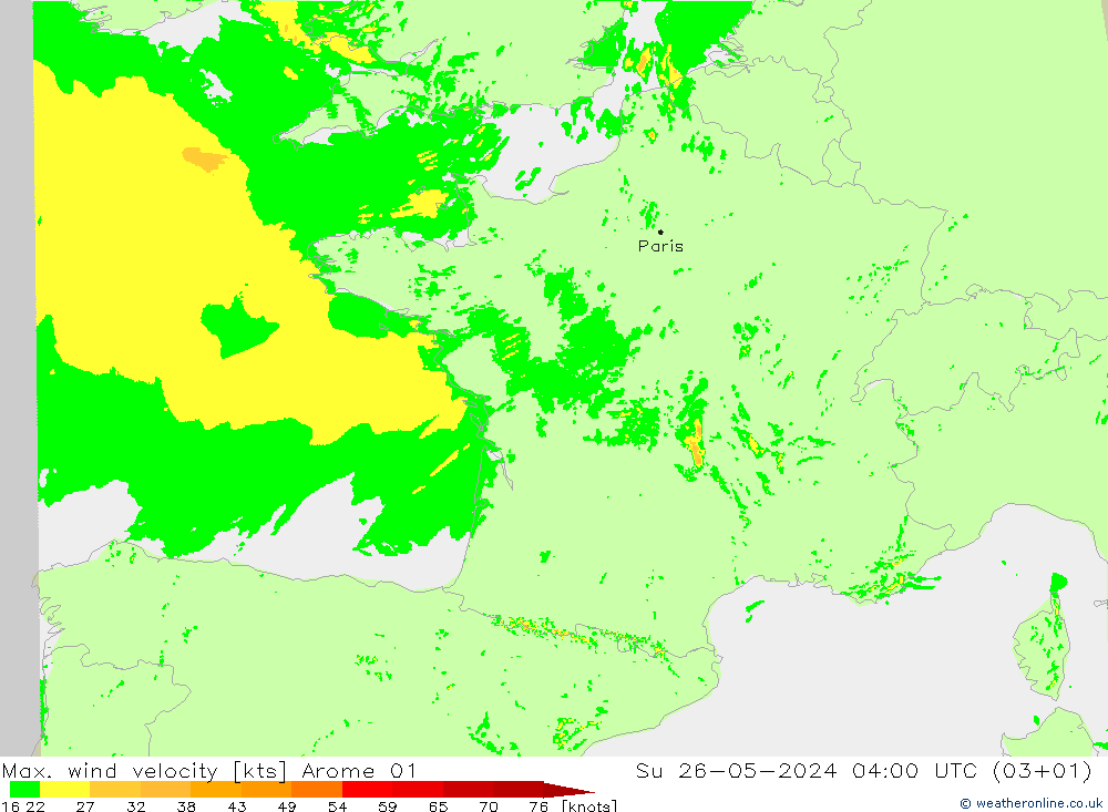 Max. wind velocity Arome 01 Dom 26.05.2024 04 UTC