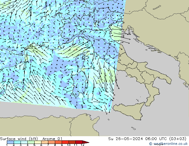 Surface wind (bft) Arome 01 Ne 26.05.2024 06 UTC