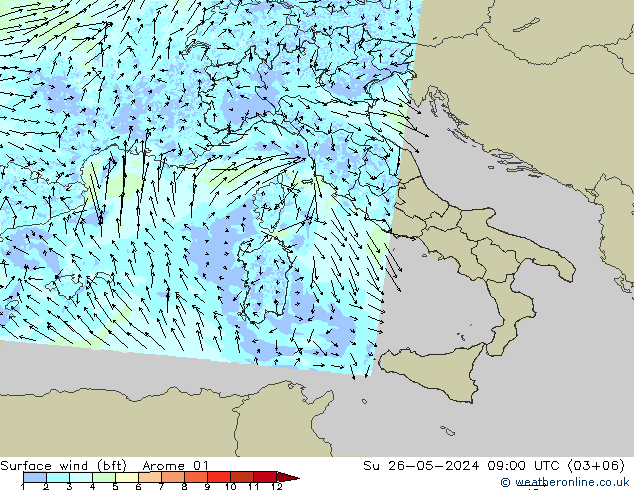 Vent 10 m (bft) Arome 01 dim 26.05.2024 09 UTC