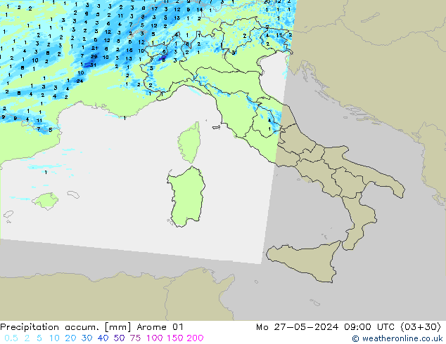 Precipitation accum. Arome 01 lun 27.05.2024 09 UTC