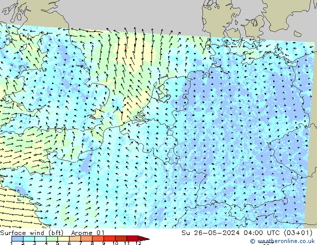 Surface wind (bft) Arome 01 Su 26.05.2024 04 UTC