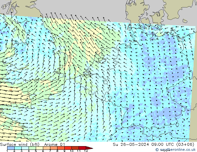 Surface wind (bft) Arome 01 Su 26.05.2024 09 UTC