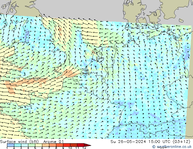 Bodenwind (bft) Arome 01 So 26.05.2024 15 UTC