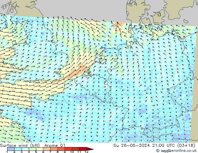 wiatr 10 m (bft) Arome 01 nie. 26.05.2024 21 UTC